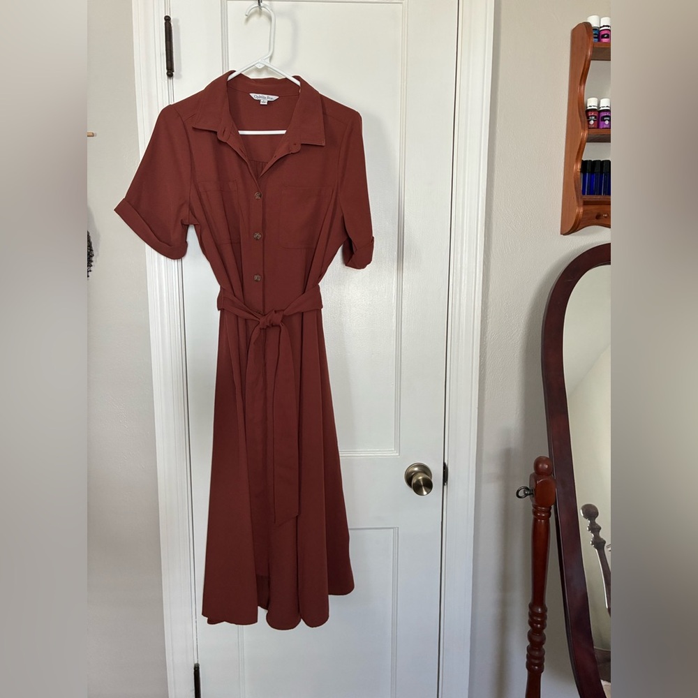 Ophelia Roe | Terracotta Button-Down Midi Dress - Picture 2 of 3